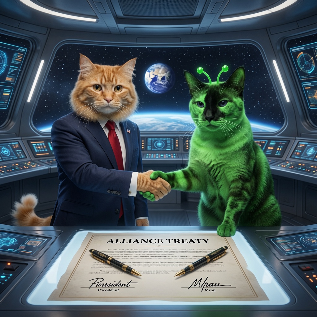 The Purrsident shaking paws with a green alien cat aboard a space station above an Alliance Treaty document