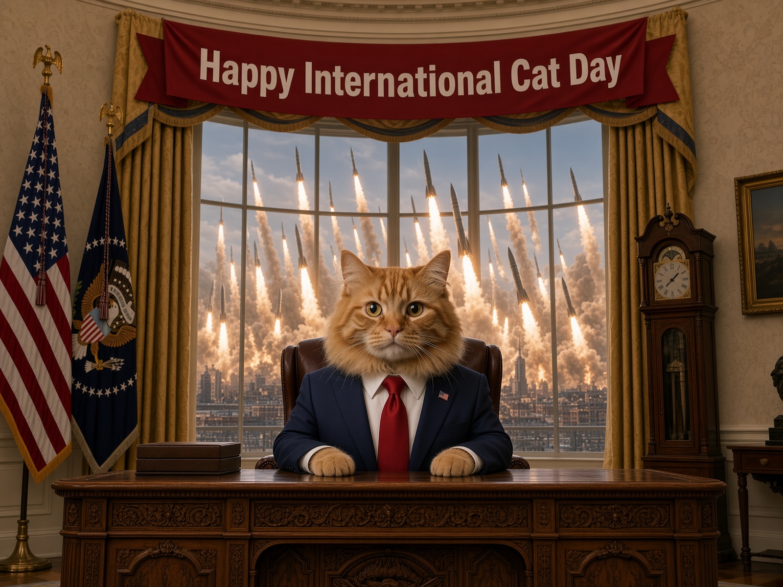 The Purrsident at the Resolute desk beneath a Happy International Cat Day banner, with rockets rising outside the window