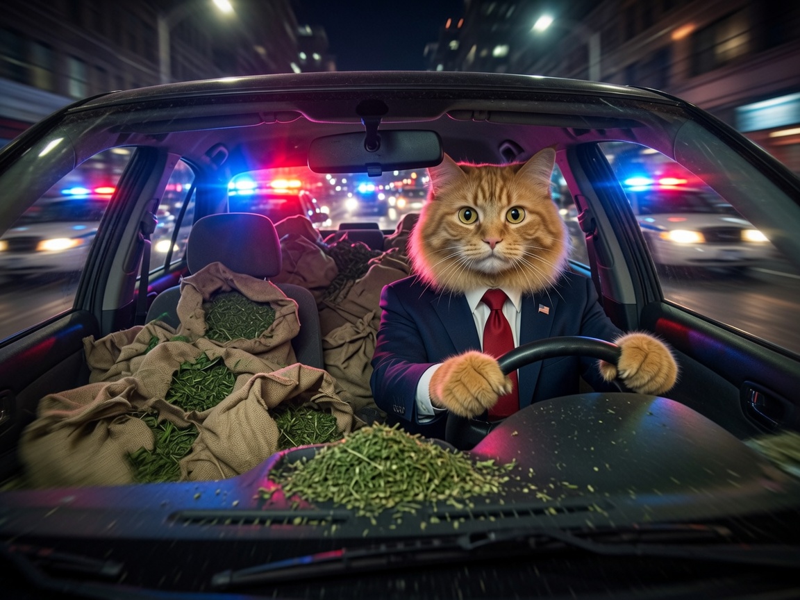 The Purrsident driving at night with police lights flashing and sacks of catnip filling the back seat