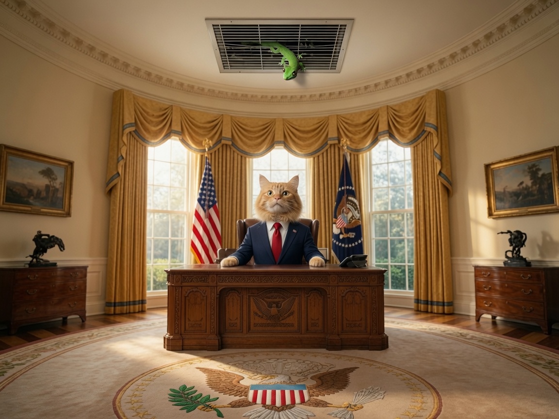 The Purrsident seated at the desk in the Oval Office while a green gecko clings to the ceiling vent