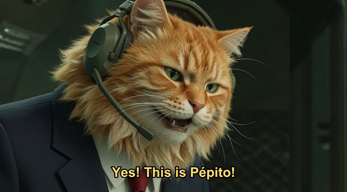 Close-up of the Purrsident wearing a headset in a dark control room, mid-shout