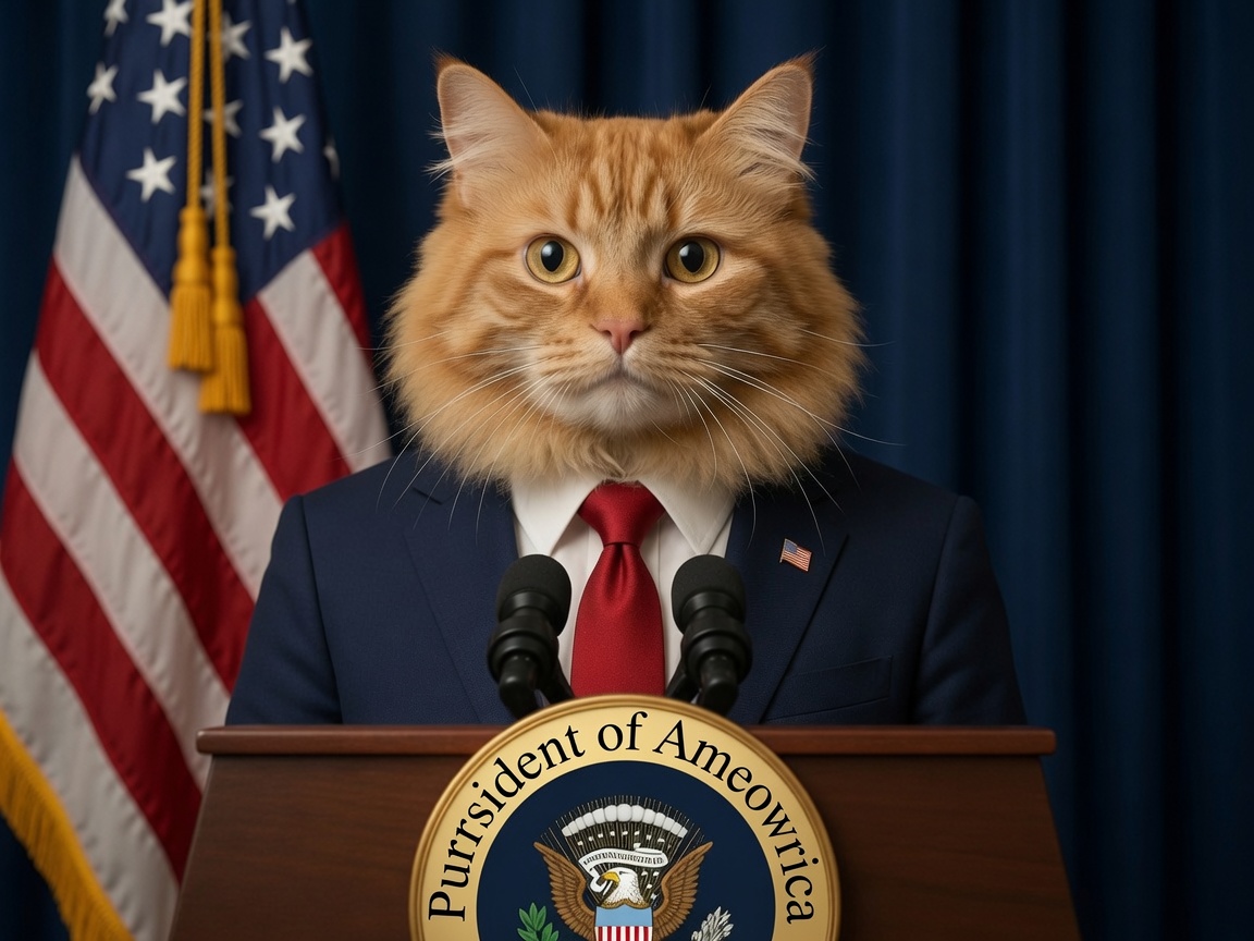 The Purrsident at a wooden podium, an orange tabby in a navy suit and red tie, with the Ameowrican flag and gold-tasseled fringing behind him