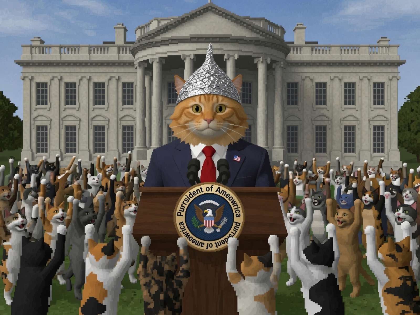 A pixel-art crowd of cats raising their paws in front of the White House as the Purrsident speaks in a foil hat