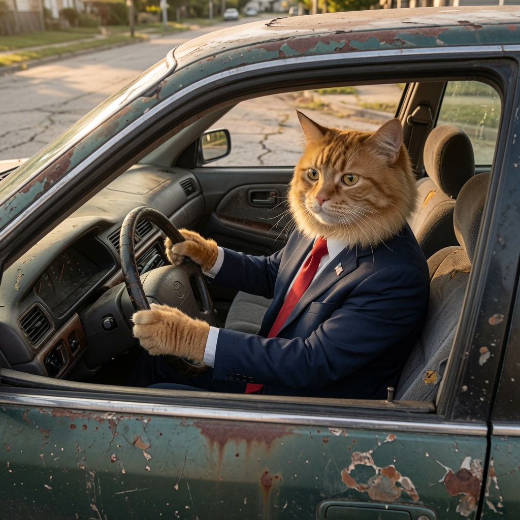 The Purrsident driving a rusted, peeling green sedan with the windows down