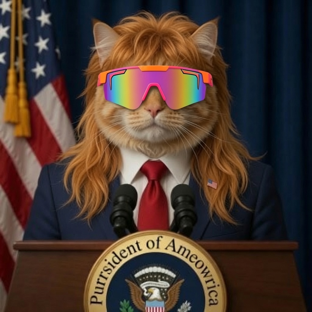 The Purrsident at the podium wearing long hair and rainbow mirrored sunglasses