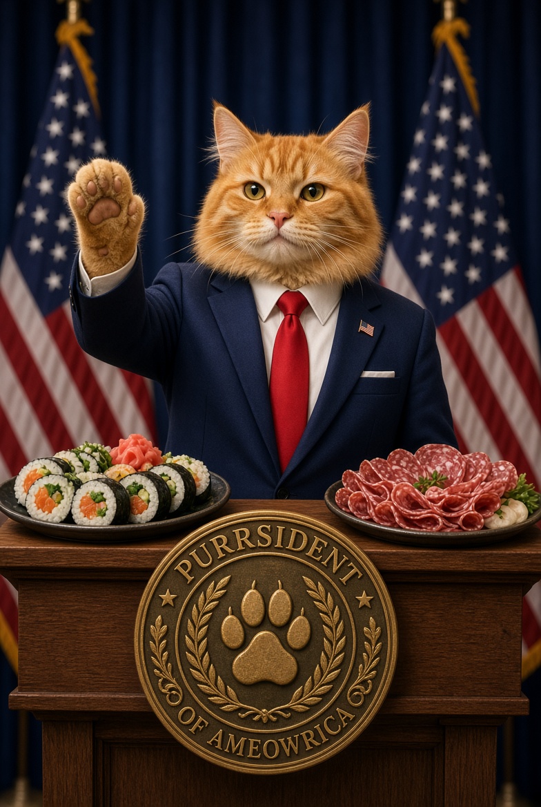 The Purrsident raising a paw behind a podium set with a plate of sushi and a plate of salami